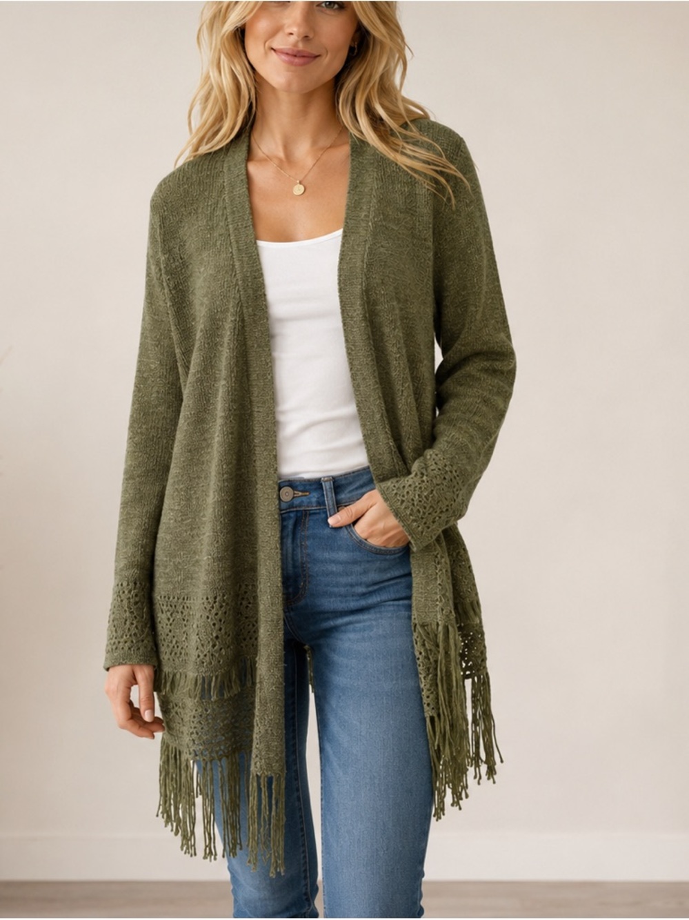 Michael Kors Women's Size M Safari Green Open Fringe Cardigan Wrap Sweater NWT